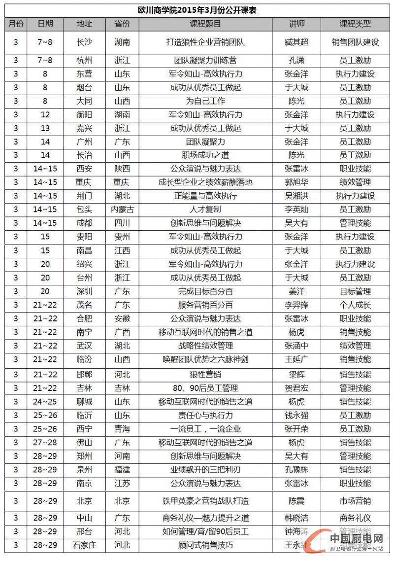 歐川2015年3月份課程已全國開課